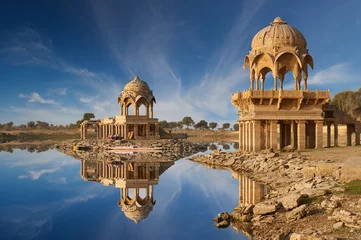 Acrylic prints India Gadi Sagar temple on Gadisar lake Jaisalmer, India.