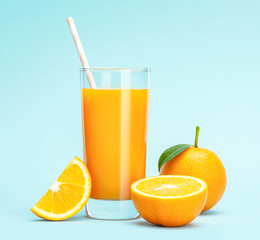 Glass of fresh orange juice on wooden table, Fresh fruits Orange juice in glass with group of orange on blue background, Selective focus on glass