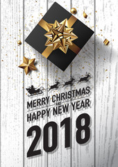 2018 merry christmas and happy new year vector greeting card and poster design with golden ribbon,star and giftbox on white wood textured.