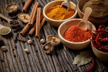 Herbs and spices on the wooden table