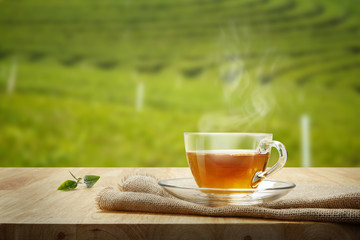Cup of hot tea and tea leaf on the wooden table and the tea plantations background