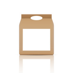 Paper bag with white label isolated on white background