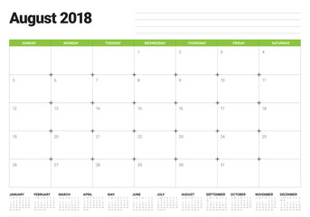 August 2018 planner calendar vector illustration