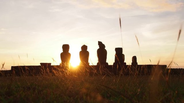 Moais in Ahu Vai Uri at sunset, Tahai Archaeological Complex, Rapa Nui National Park, Easter Island, Chile