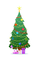 Decorated christmas tree with gift boxes, star, lights, decoration balls and lamps. Flat style vector illustration