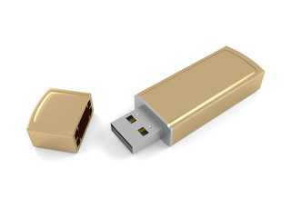 3d illustration of a gold metal flash drive on a white background.