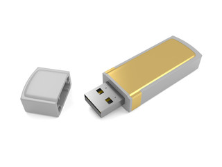 3d illustration of a gold metal USB flash drive isolated on a white background.