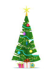 Decorated christmas tree with gift boxes, star, lights, decoration balls and lamps. Flat style vector illustration