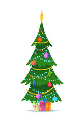 Decorated christmas tree with gift boxes, star, lights, decoration balls and lamps. Flat style vector illustration