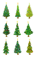 Collection of Christmas trees with decorations standing in a pot. Flat design illustration. New Year set isolated on white