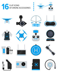 16 drone accessories icons in flat style