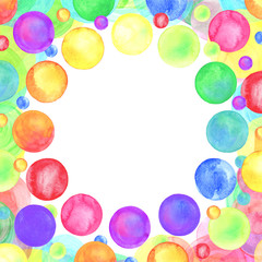 Colorful watercolor dots isolated. Circle border frame with watercolor dots