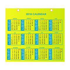 green calendar for 2018 for wall or desk design isolated backgrund