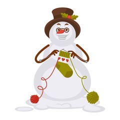 Snowman in glasses and tall hat knits socks