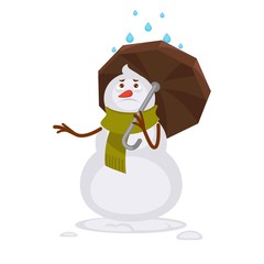 Snowman in warm scarf covers with umbrella from rain