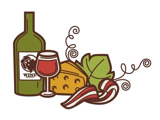Wine glass bottle, grape vine and cheese vector winemaking winery icon