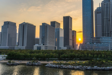 modern city waterfront downtown skyline at dusk,China.