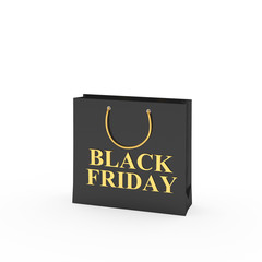 Black shopping bag with golden words Black Friday isolated on white background. 3D illustration