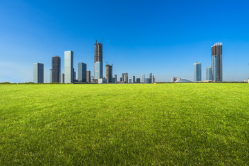 cityscape and skyline of Tianjin from meadow in park