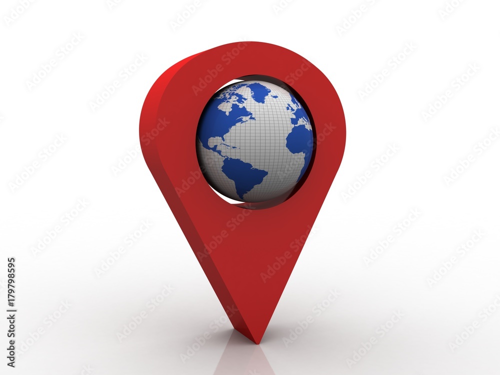Poster 3d rendering red map pointer with world map