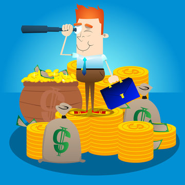 Businessman with money looking for investment opportunity. Vector cartoon character illustration. Rich Business concept.