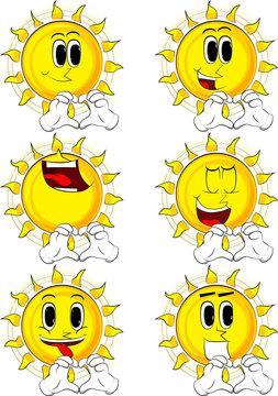 Cartoon sun with heart shape hand gesture. Collection with happy faces. Expressions vector set.