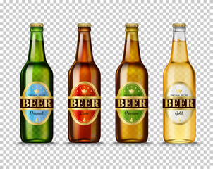 Realistic Green, brown, yellow and white glass beer bottles with with different labels isolated on transparent background. Mock up template blank for product packing advertisement.