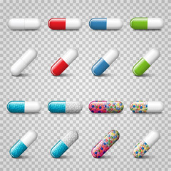 Set of vector realistic red, green, blue and color pills or capsules isolated on trasparent background. Medicines, tablets, drug of painkillers, antibiotics, vitamins.