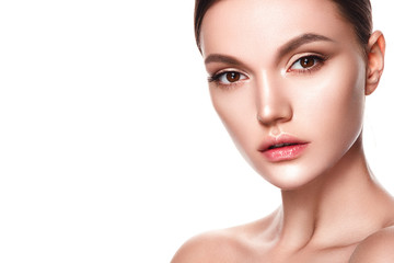 Beautiful woman portrait with fresh clear nude make up, healthy skin, skin care.