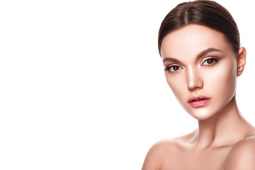 Fototapeta premium Beautiful woman portrait with fresh clear nude make up, healthy skin, skin care.
