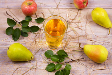 Cider on rustic wooden background with apples and pears, vhorizontal