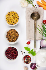 Colorful food ingredients on white background