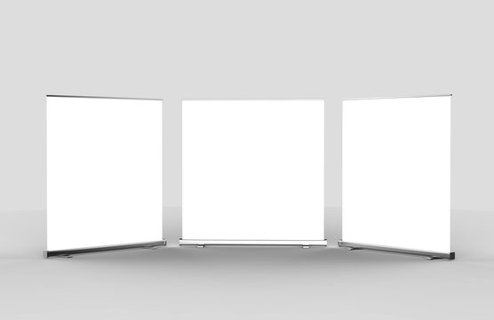 White blank empty high resolution Business Roll Up and Standee Banner display mock up Template for your Design Presentation. 3d render illustration. 200x200cm.
