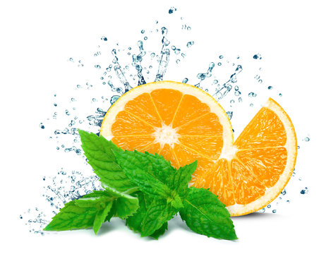 Orange splash water and mint isolated on white