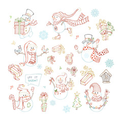 Vector set of cute linear snowmen.