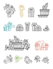 Vector set of doodles festive gifts.
