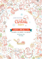 Vector Christmas party invitation template with cute snowmen.