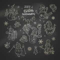 Vector set of Christmas chalk snowmen on blackboard background.