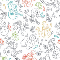 Seamless pattern of cute doodles snowmen.