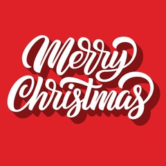 Merry Christmas brush hand lettering with 3d shadow isolated on red background. Vector illustration. Can be used for holidays festive design.
