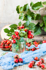 Branches of dog rose with berries in a vase on a wooden table
