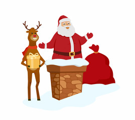 Happy Santa Claus with reindeer - cartoon character isolated illustration