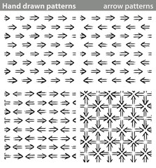 Hand drawn patterns, arrow patterns. Four different seamless patterns made with hand drawn arrows.