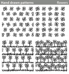 Hand drawn patterns, flowers. Four different seamless patterns made with hand drawn flowers.