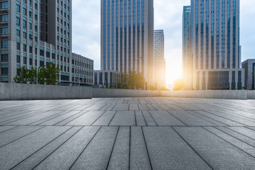empty brick floor with cityscape and skyline.