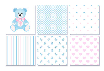 Set of design elements of baby theme-seamless patterns.Teddy bea
