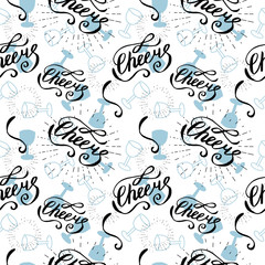 Seamless pattern with Cheers lettering phrase and retro sun burst with wineglasses at background. Handwritten calligraphy composition. Festive concept.