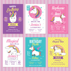 Set of Unicorn Birthday Invitation Cards