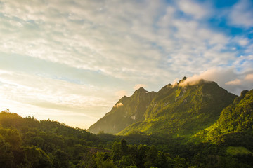 Beautiful nature scenery of fresh green tropical mountain range with morning sunlight