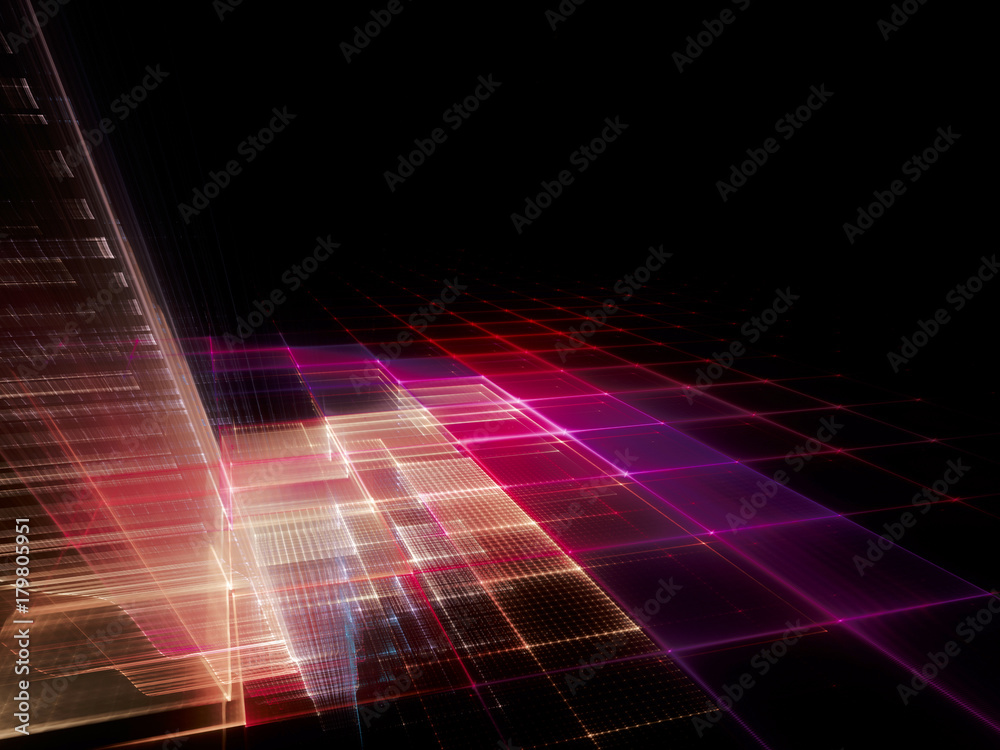 Fototapete Abstract red and black background. Fractal graphics series. Three-dimensional composition of repeating grids. Information technology concept.